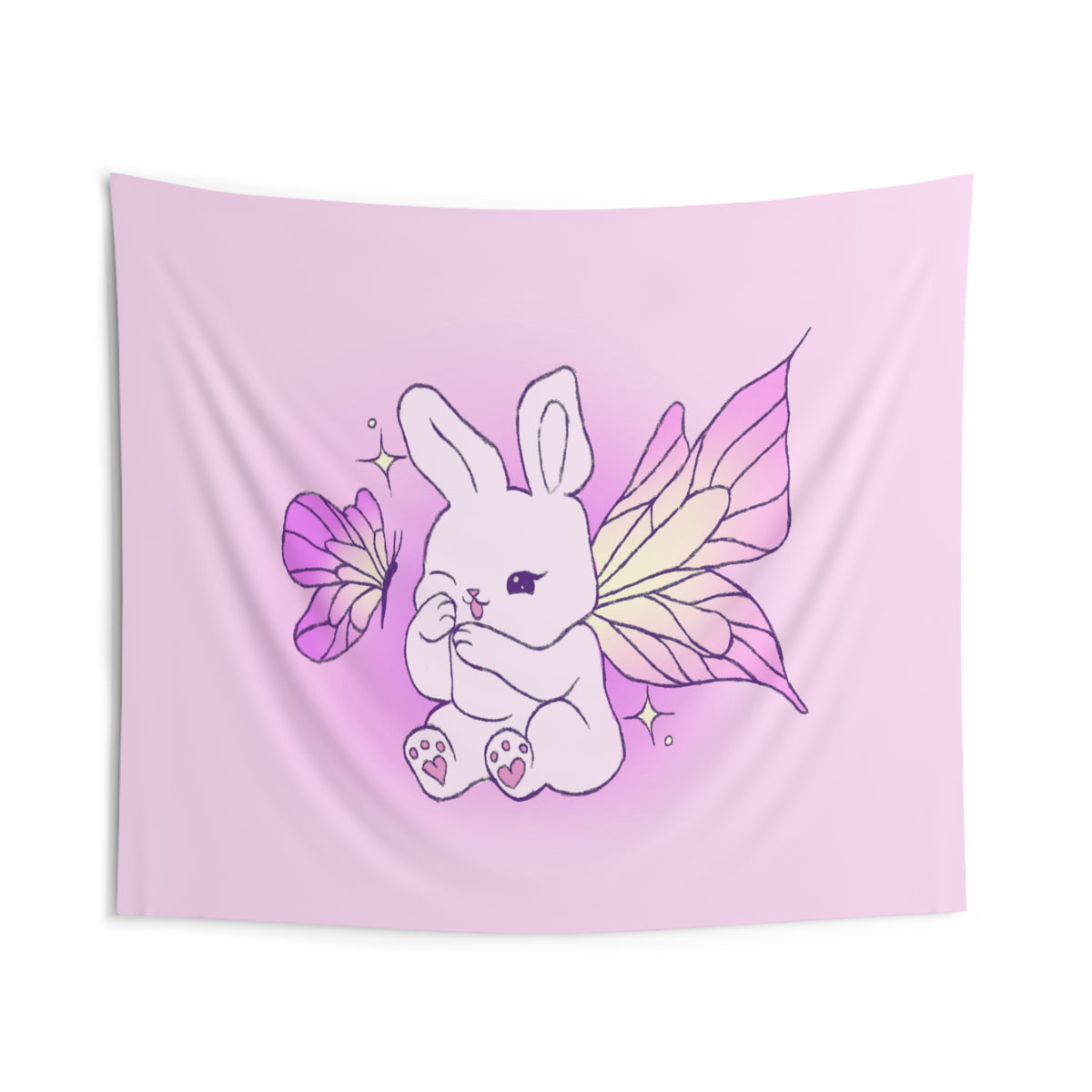 Pixie Lavender Fairy Bunny Illustration Indoor Wall Tapestry | Pastel Butterfly Wings, Cute Decor