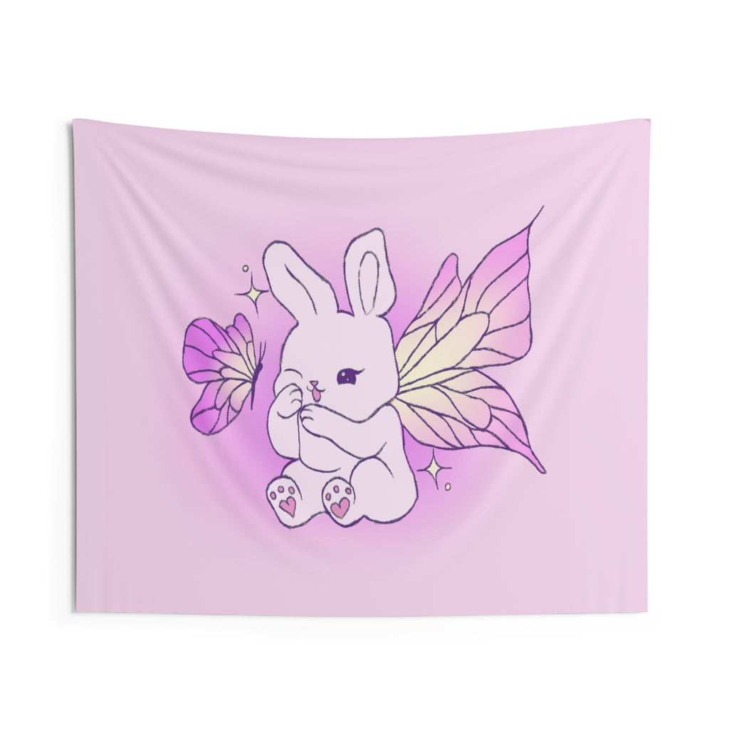 Pixie Lavender Fairy Bunny Illustration Indoor Wall Tapestry | Pastel Butterfly Wings, Cute Decor