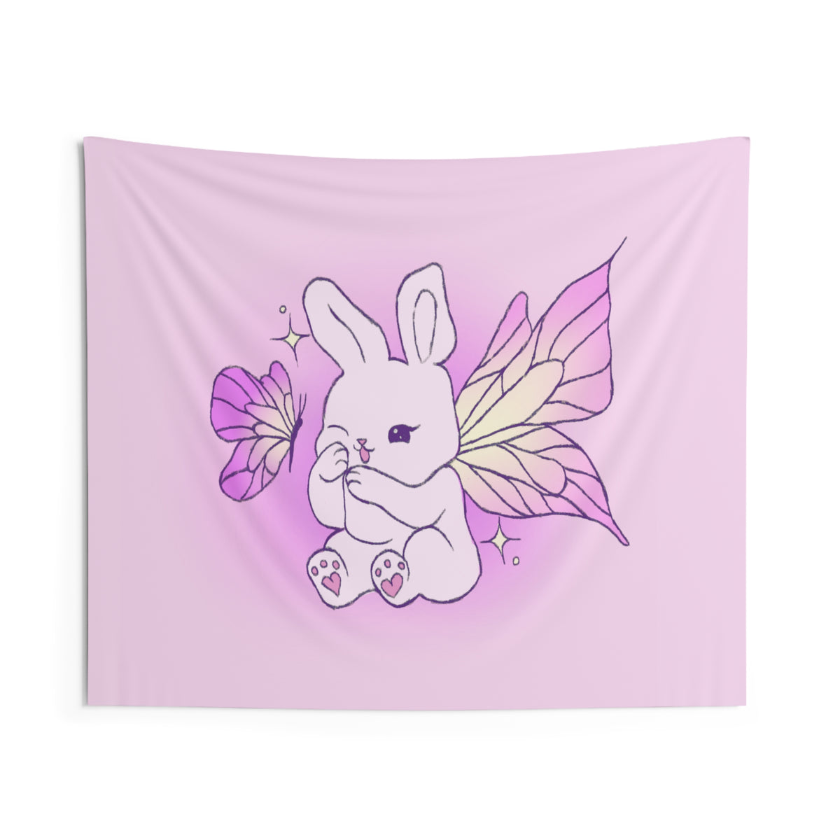 Pixie Lavender Fairy Bunny Illustration Indoor Wall Tapestry | Pastel Butterfly Wings, Cute Decor