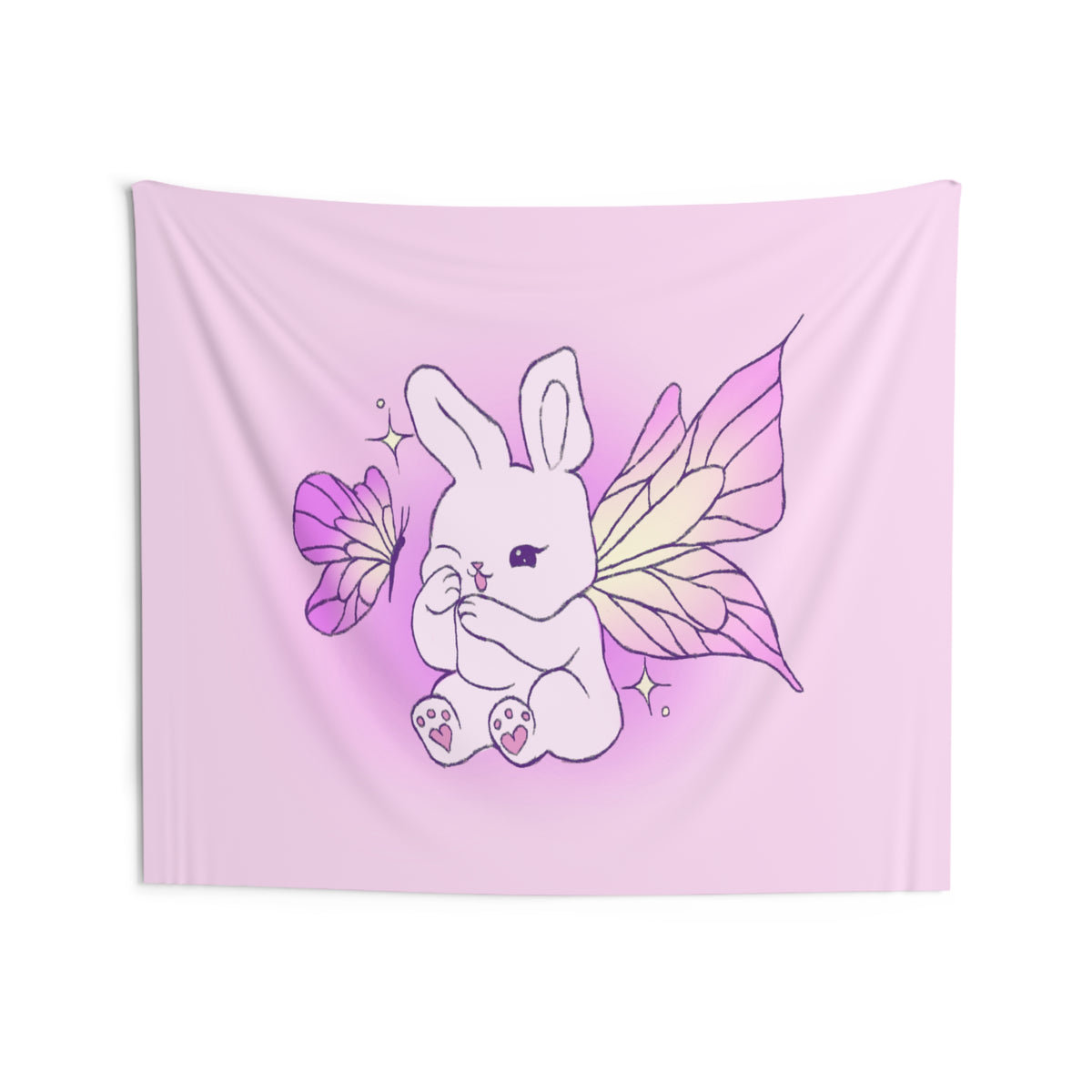 Pixie Lavender Fairy Bunny Illustration Indoor Wall Tapestry | Pastel Butterfly Wings, Cute Decor