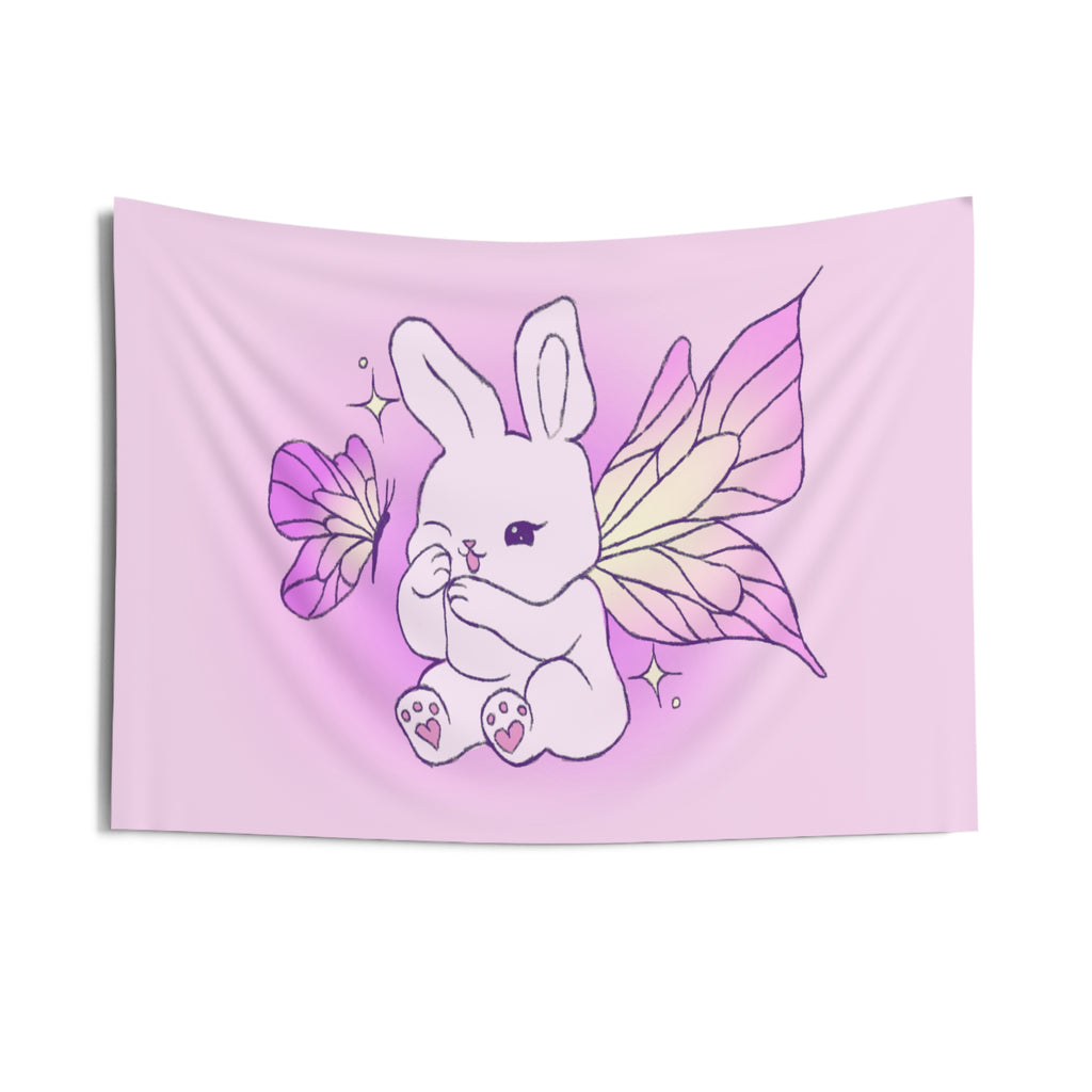 Pixie Lavender Fairy Bunny Illustration Indoor Wall Tapestry | Pastel Butterfly Wings, Cute Decor