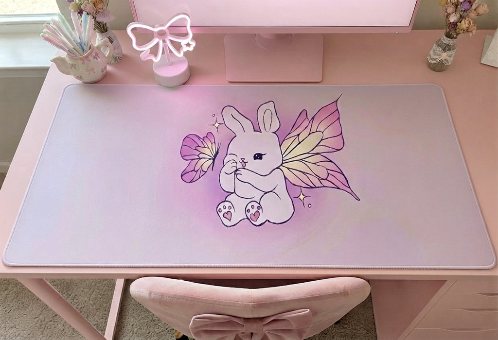 Pixie Lavender Fairy Bunny with Butterfly Stitched Edge Desk Mat | Pink Cute Rabbit Desk Mat
