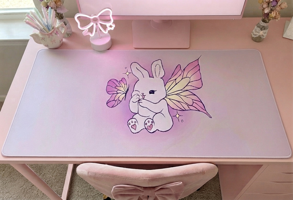 Pixie Lavender Fairy Bunny with Butterfly Stitched Edge Desk Mat | Pink Cute Rabbit Desk Mat
