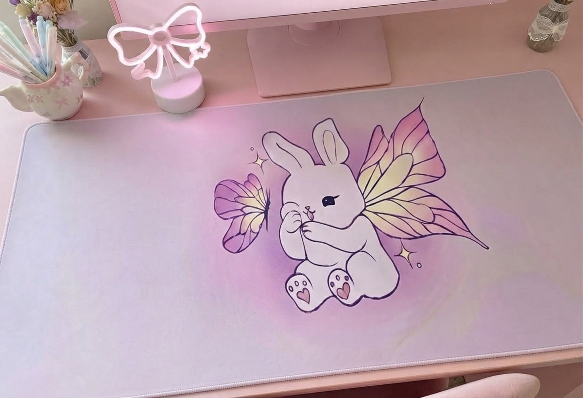 Pixie Lavender Fairy Bunny with Butterfly Stitched Edge Desk Mat | Pink Cute Rabbit Desk Mat