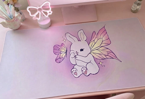 Pixie Lavender Fairy Bunny with Butterfly Stitched Edge Desk Mat | Pink Cute Rabbit Desk Mat