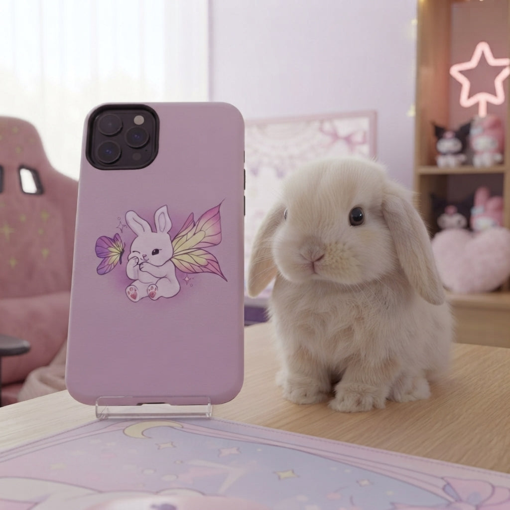 Pixie Lavender Fairy Bunny Phone Case | Pink rabbit with wings, pastel floral design
