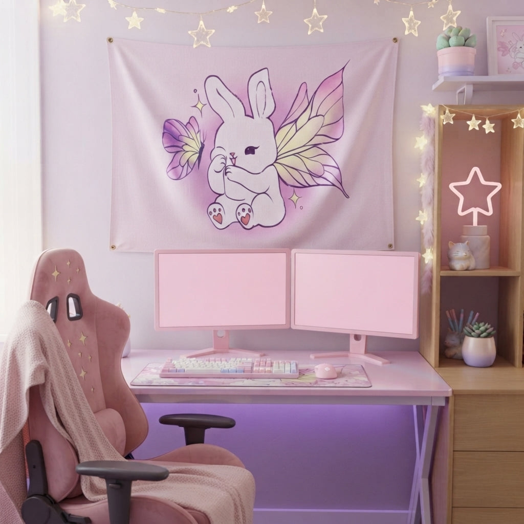 Pixie Lavender Fairy Bunny Illustration Indoor Wall Tapestry | Pastel Butterfly Wings, Cute Decor